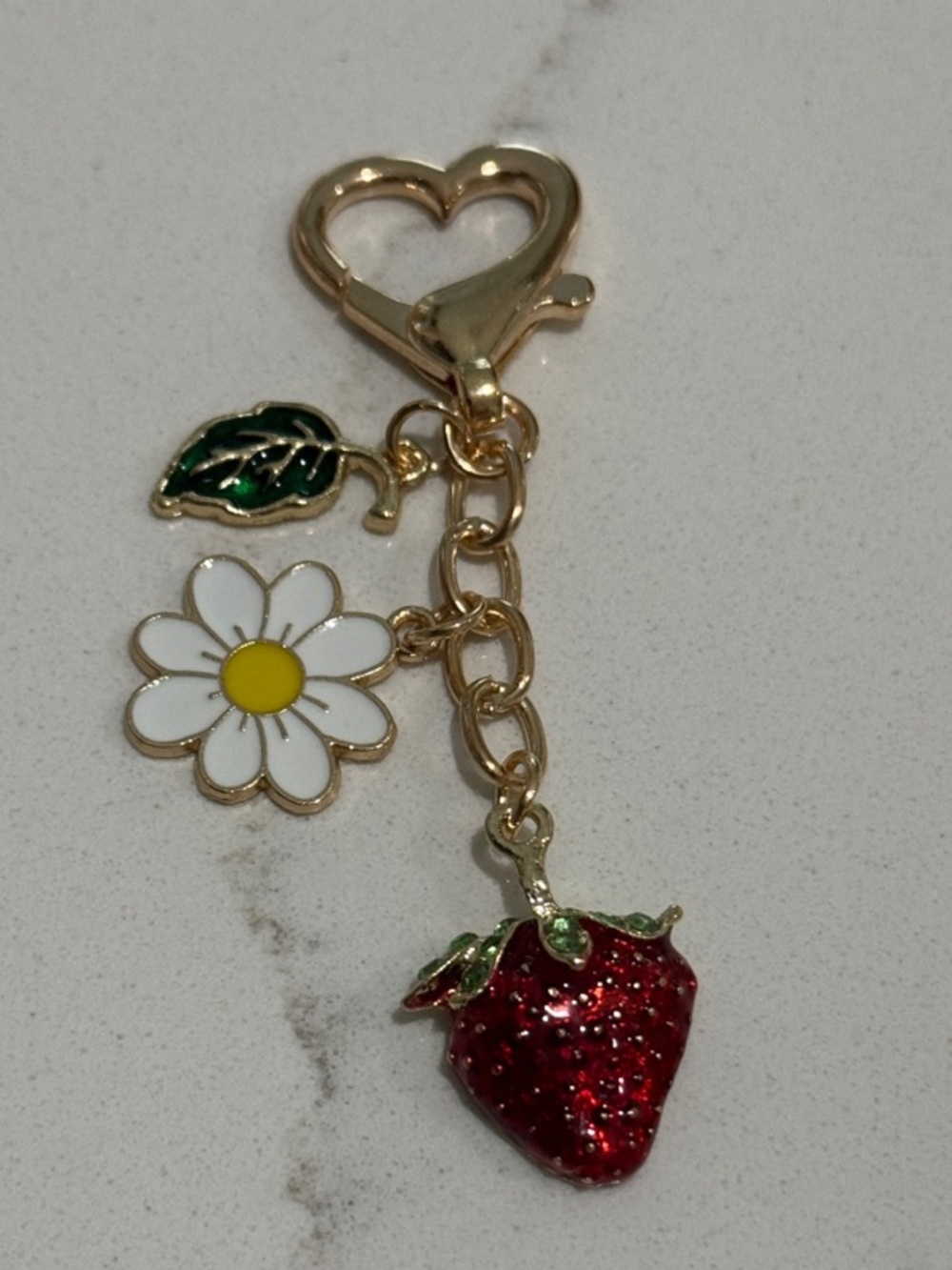 BUNDLE ME!!! Gold Heart Keychain with Red Glitter Strawberry & Daisy Charms
